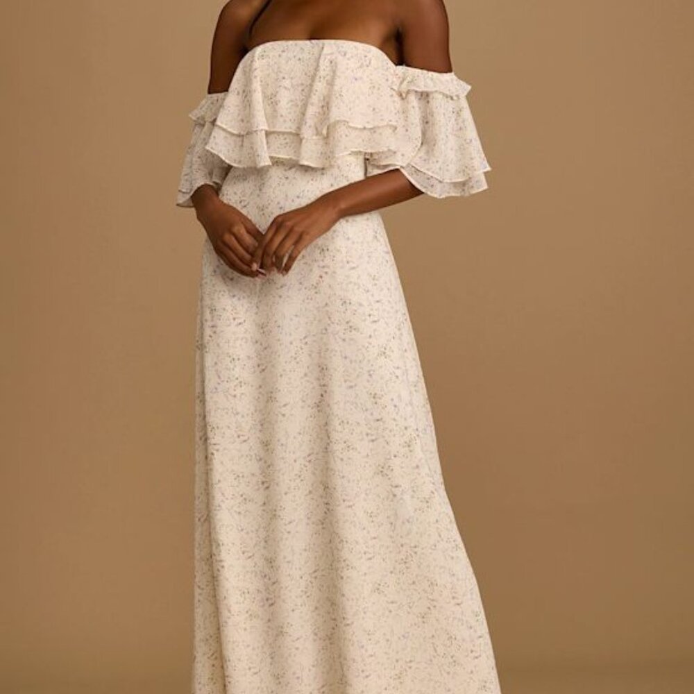 Lulus - Cream Floral Print Off-the-shoulder Ruffled Maxi Dress - Beige